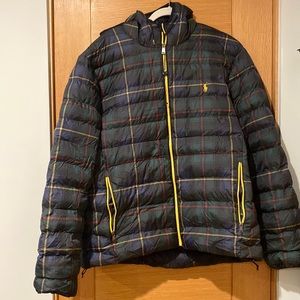 Polo Ralph Lauren rain puffer jacket with hood and matching pouch. Never worn.